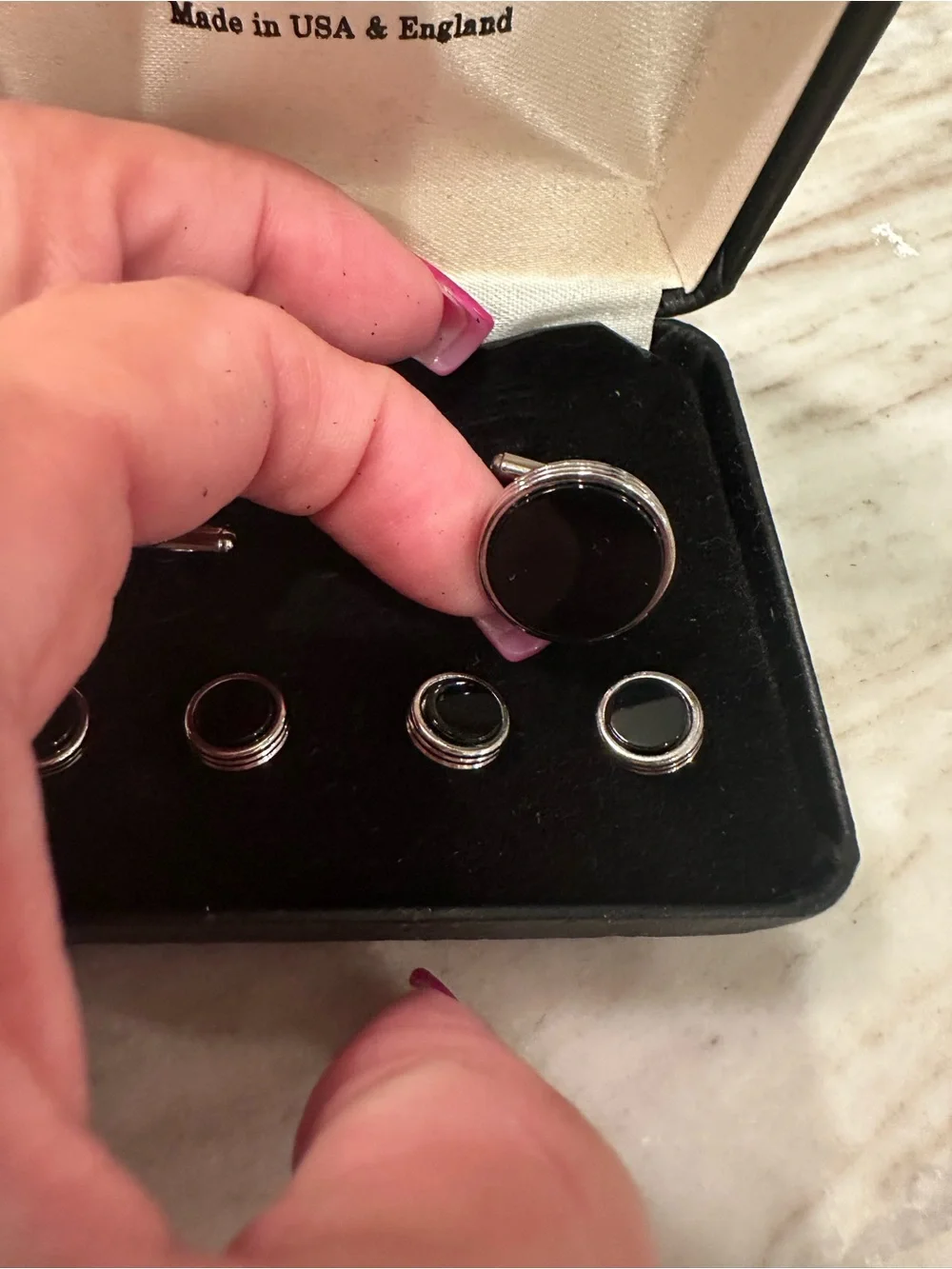 J.J Weston Men’s Silver and Black Cufflinks & Stud Set in Box